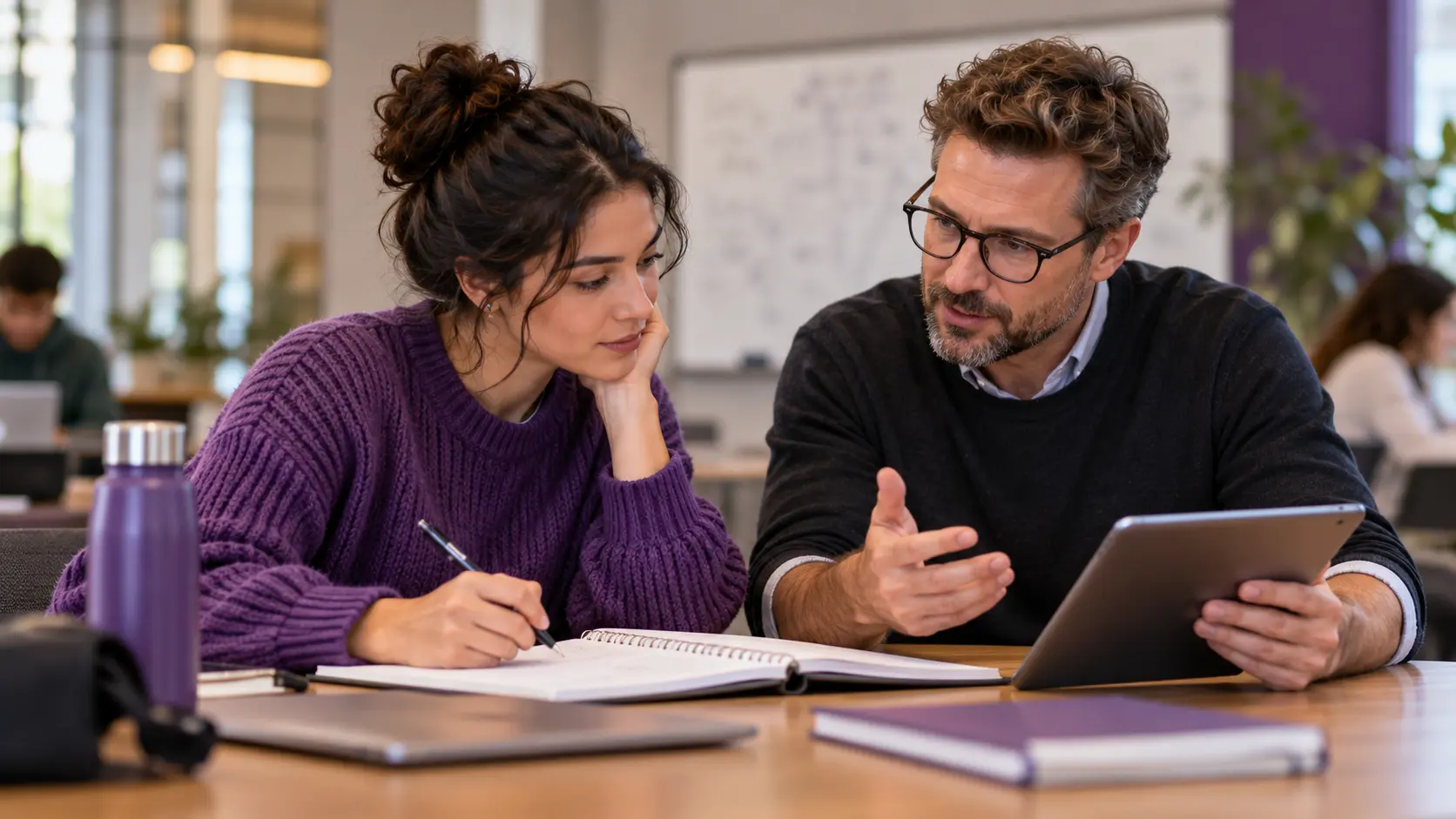 An adult tutor supporting an adult learner during a study session